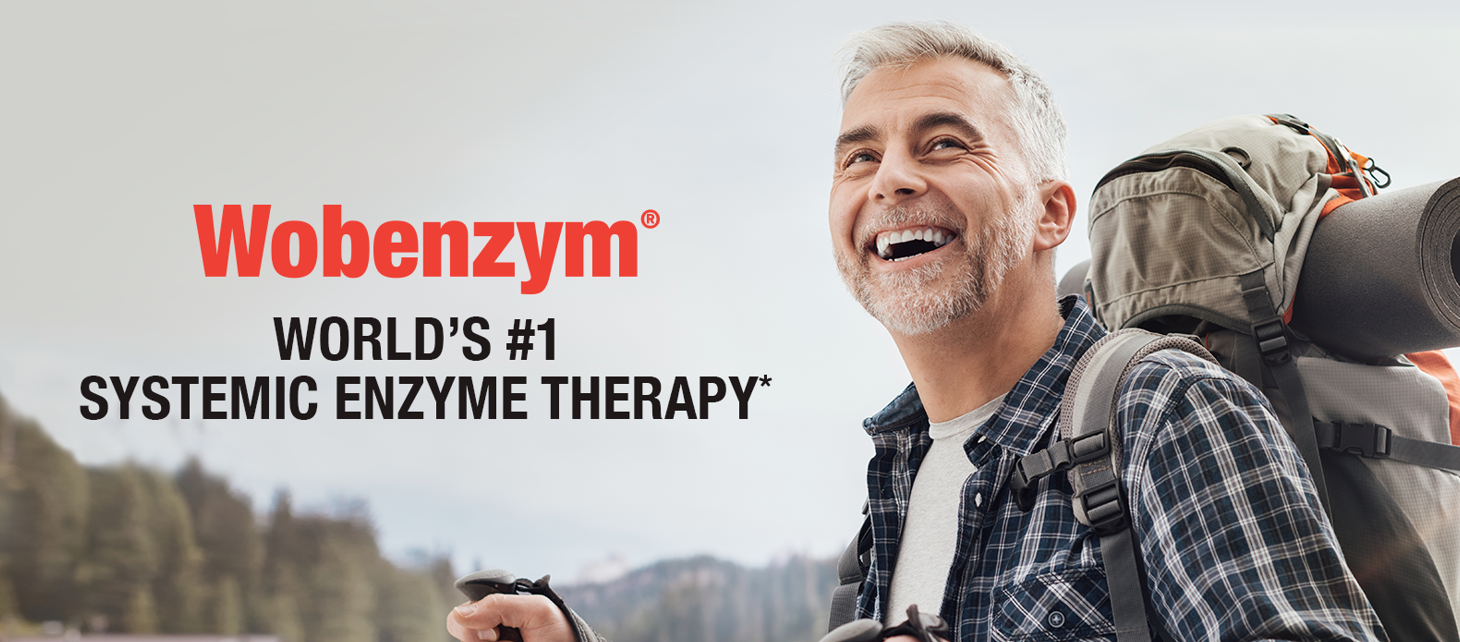 Wobenzym logo with text saying “World’s #1 systemic enzyme therapy” next to a man smiling and hiking.