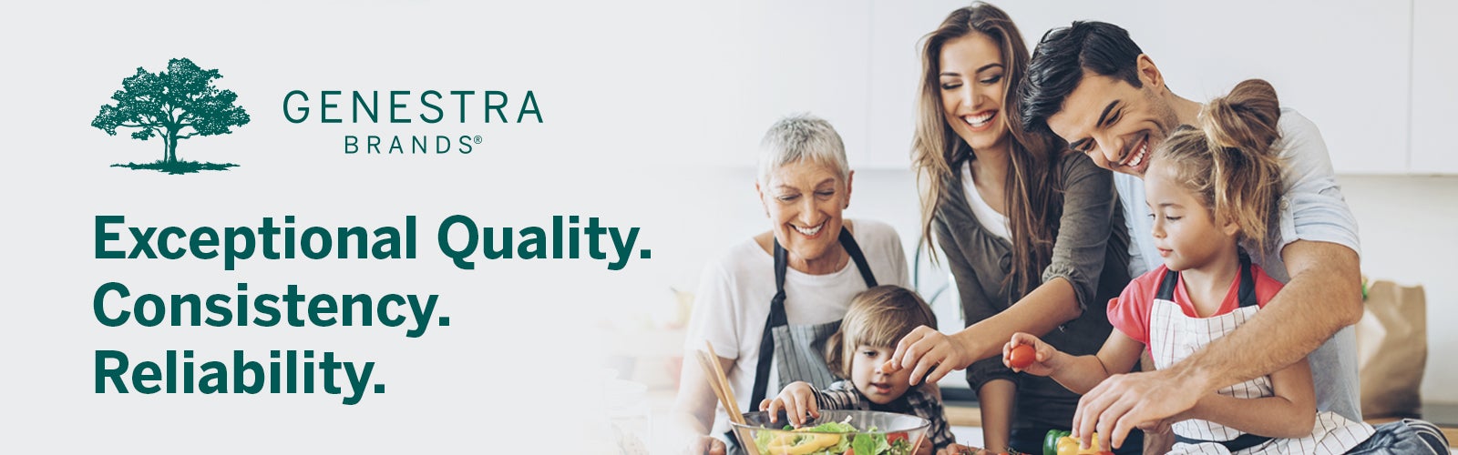 A family cooking in the kitchen with a Genestra Brands logo saying ”Exceptional quality. Consistency. Reliability.”