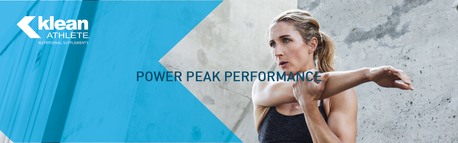 A women stretching with Klean Athlete logo and says “power peak performance”. 